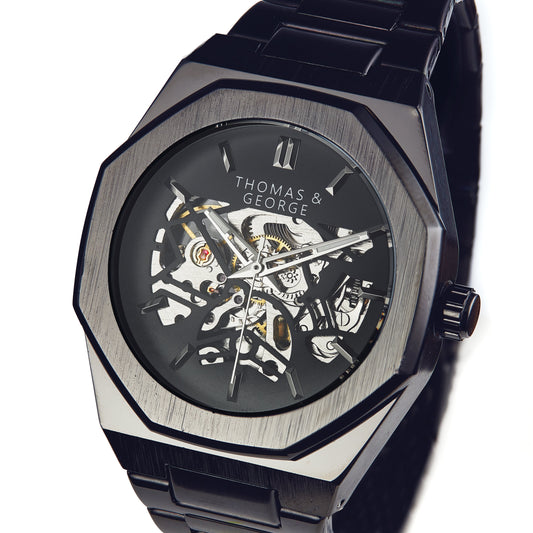 Thomas & George London Black Edition Automatic Skeleton Watch | 41.3mm Octagonal Alloy Case | Black Stainless Steel Bracelet | Optional Luxury Box
