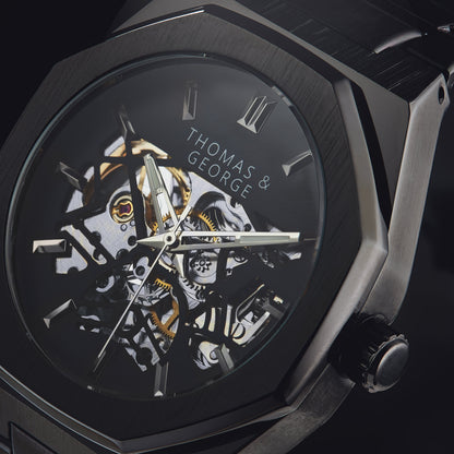 Thomas & George London Black Edition Automatic Skeleton Watch | 41.3mm Octagonal Alloy Case | Black Stainless Steel Bracelet | Optional Luxury Box