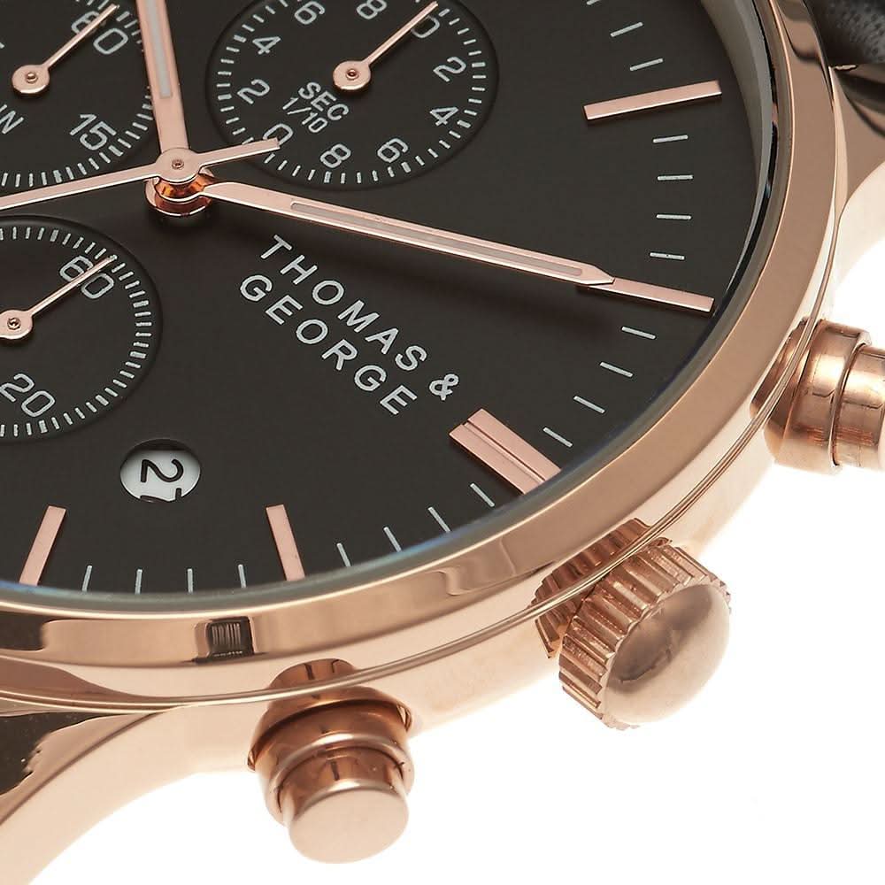 Thomas & George Kingman 43 Quartz Chronograph Watch | 43mm Round Rose-Gold-Tone Case | Black Dial & 20mm Leather Strap | Optional Luxury Box