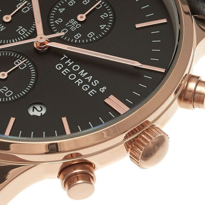 Thomas & George Kingman 43 Quartz Chronograph Watch | 43mm Round Rose-Gold-Tone Case | Black Dial & 20mm Leather Strap | Optional Luxury Box