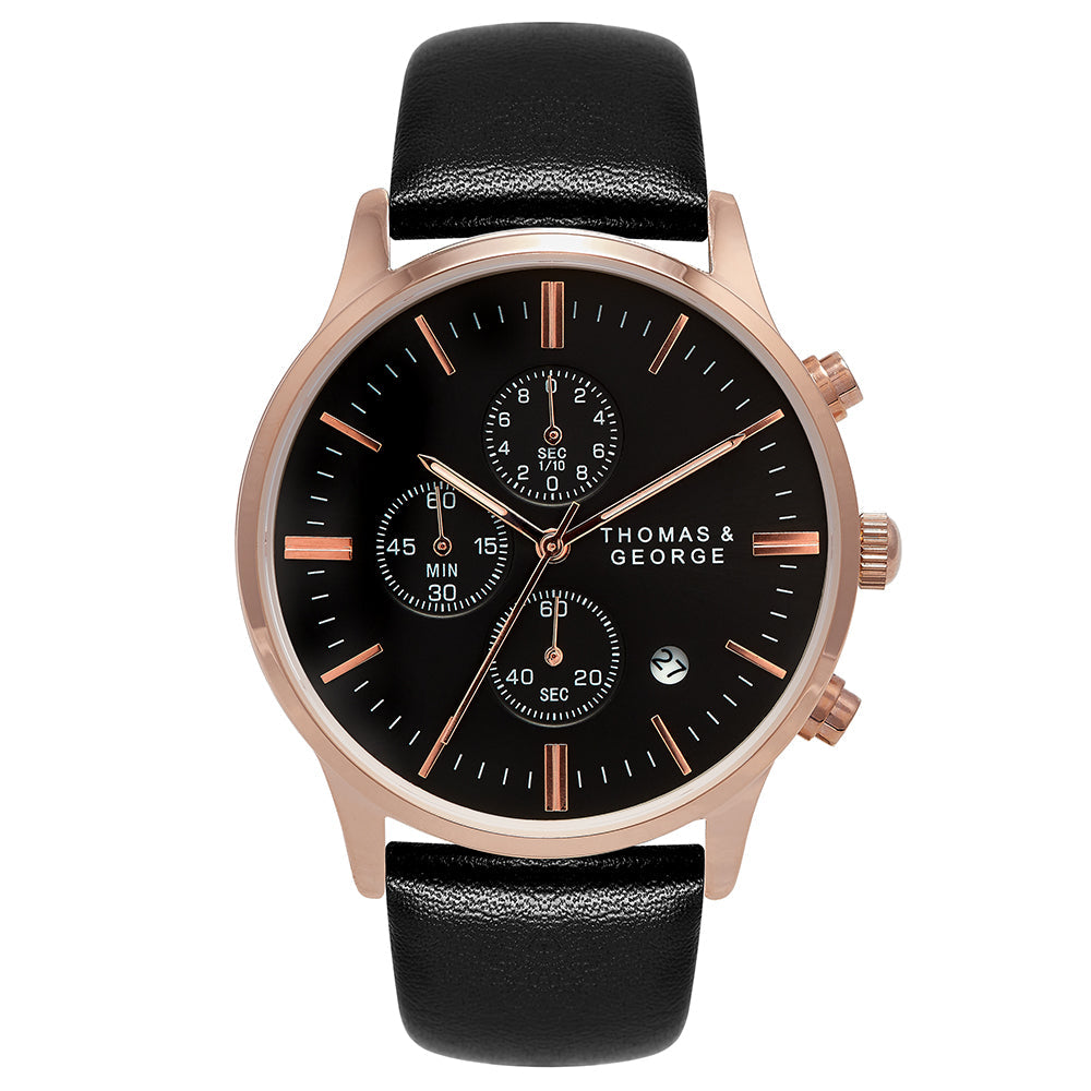 Thomas & George Kingman 43 Quartz Chronograph Watch | 43mm Round Rose-Gold-Tone Case | Black Dial & 20mm Leather Strap | Optional Luxury Box