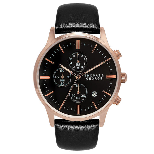 Thomas & George Kingman 43 Quartz Chronograph Watch | 43mm Round Rose-Gold-Tone Case | Black Dial & 20mm Leather Strap | Optional Luxury Box