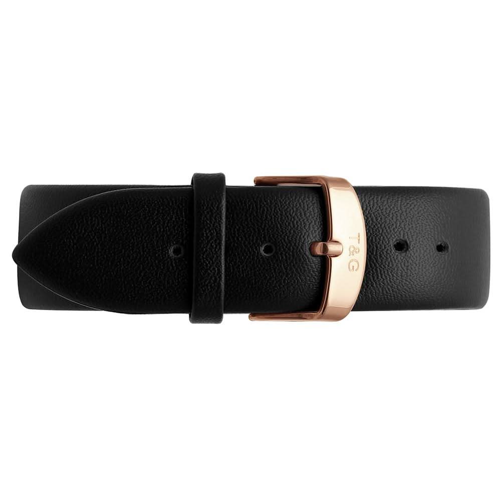 Thomas & George Kingman 43 Quartz Chronograph Watch | 43mm Round Rose-Gold-Tone Case | Black Dial & 20mm Leather Strap | Optional Luxury Box