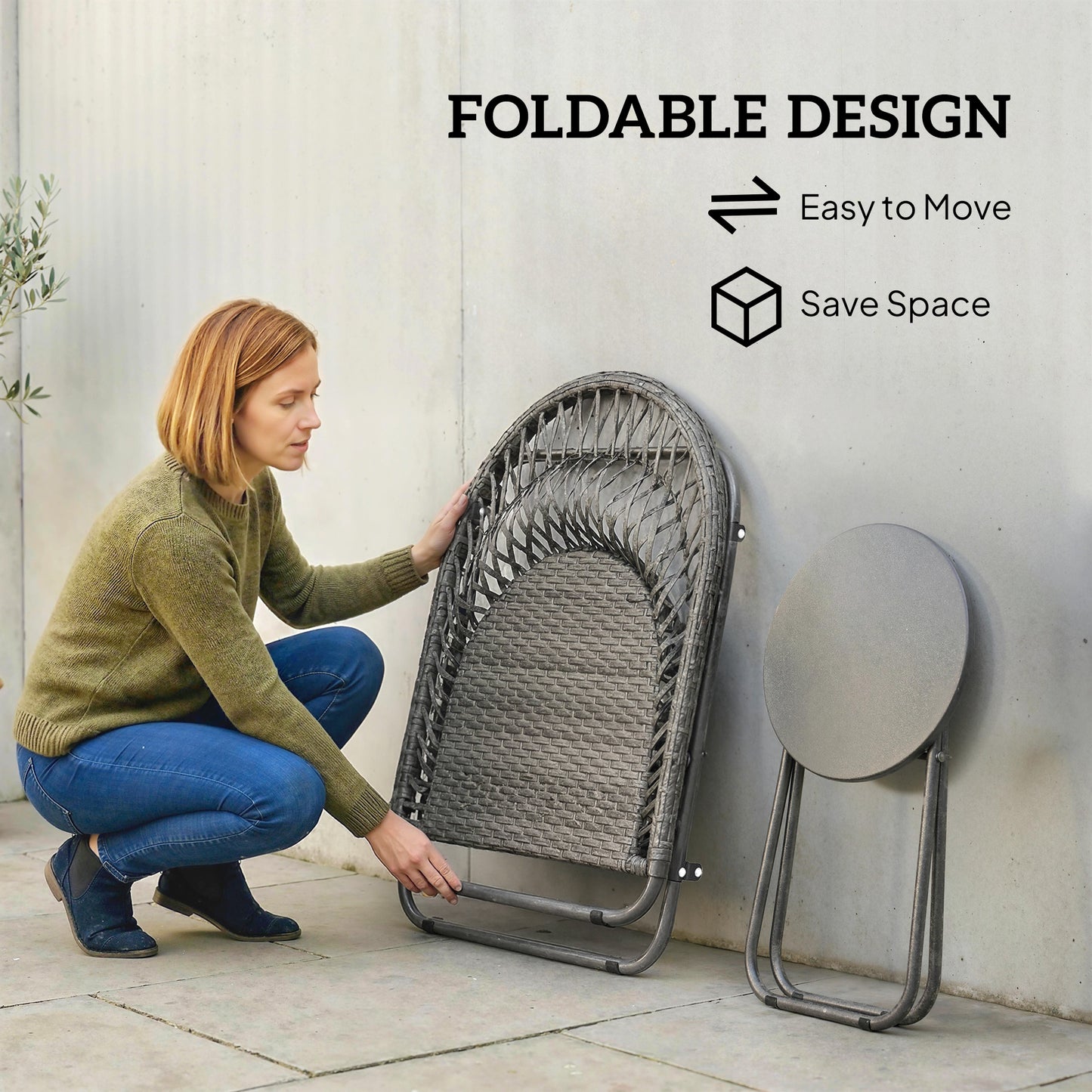 3 Piece Folding Rattan Bistro Set | 2 Chairs | Round Table Dia 45cm | 1000hr UV Resistant Rattan | Galvanised Steel | No Assembly | 120kg | Grey