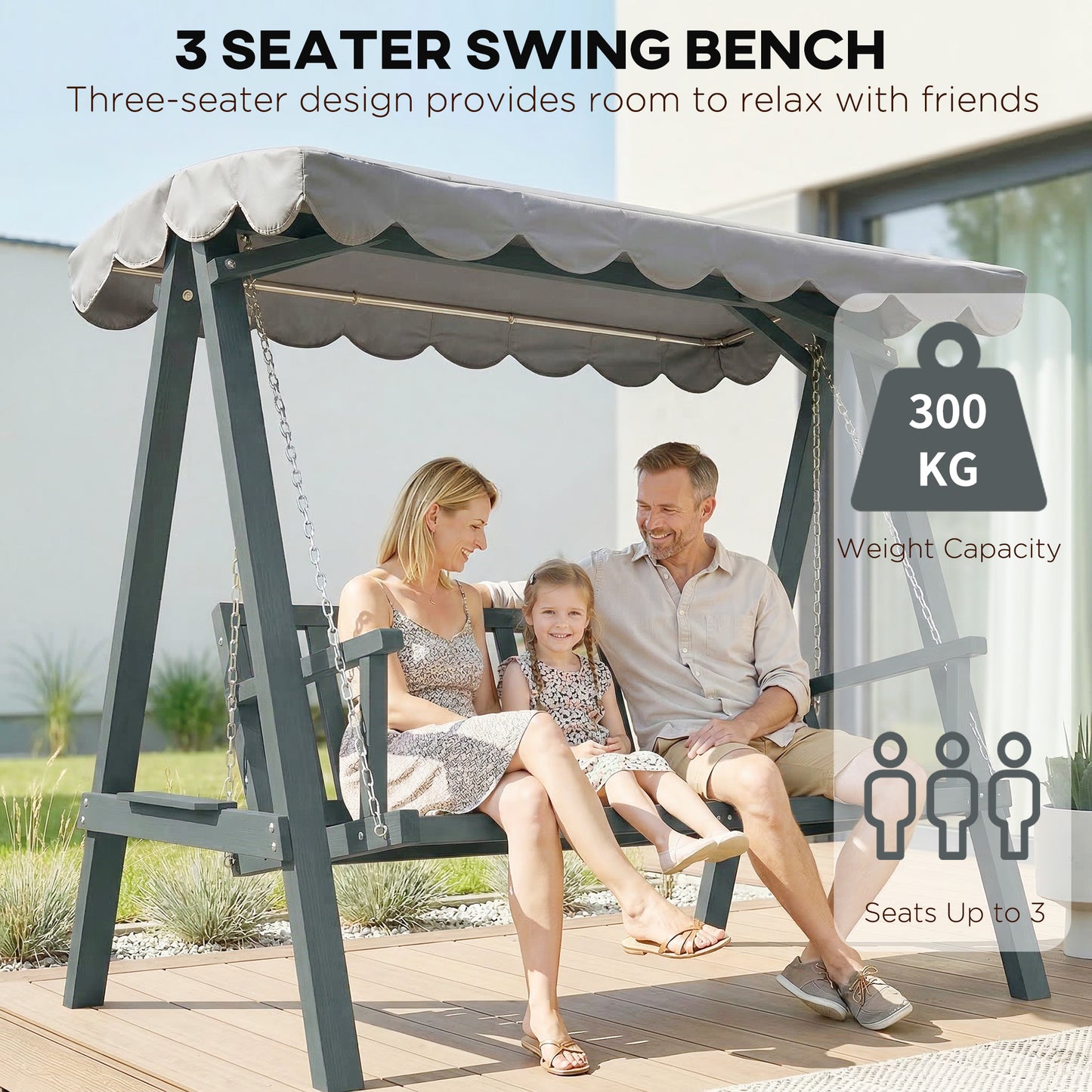 3-Seater Garden Swing Seat with Canopy | Pine Wood Frame | UV-Resistant | 360kg | Grey