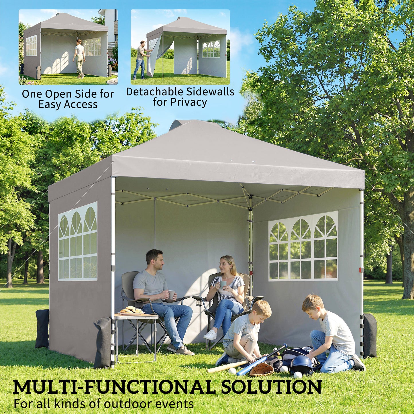 3x3m Pop-Up Canopy Gazebo | UPF50+ Waterproof 210D Oxford Fabric | 3 Detachable Sidewalls | 2 Church Windows | 2 Top Vents & 8 Drainage Holes | 3-Height Steel Frame to 285cm | 4 Guy Ropes & 12 Stakes | Wheeled Carry Bag | Grey