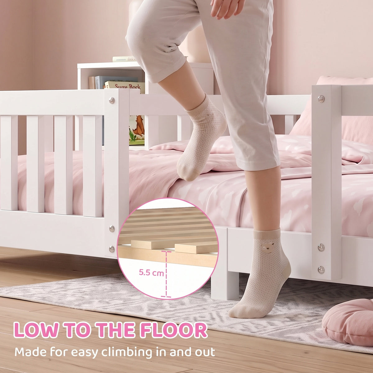 Kids House Single Bed Frame | Solid Pine Wood | House-Shaped Roof Design | Dual Guardrails | 5.5cm Low Floor Height | Fits 200x90cm Mattress | Max 110kg | 217x94x140cm | White or Pink