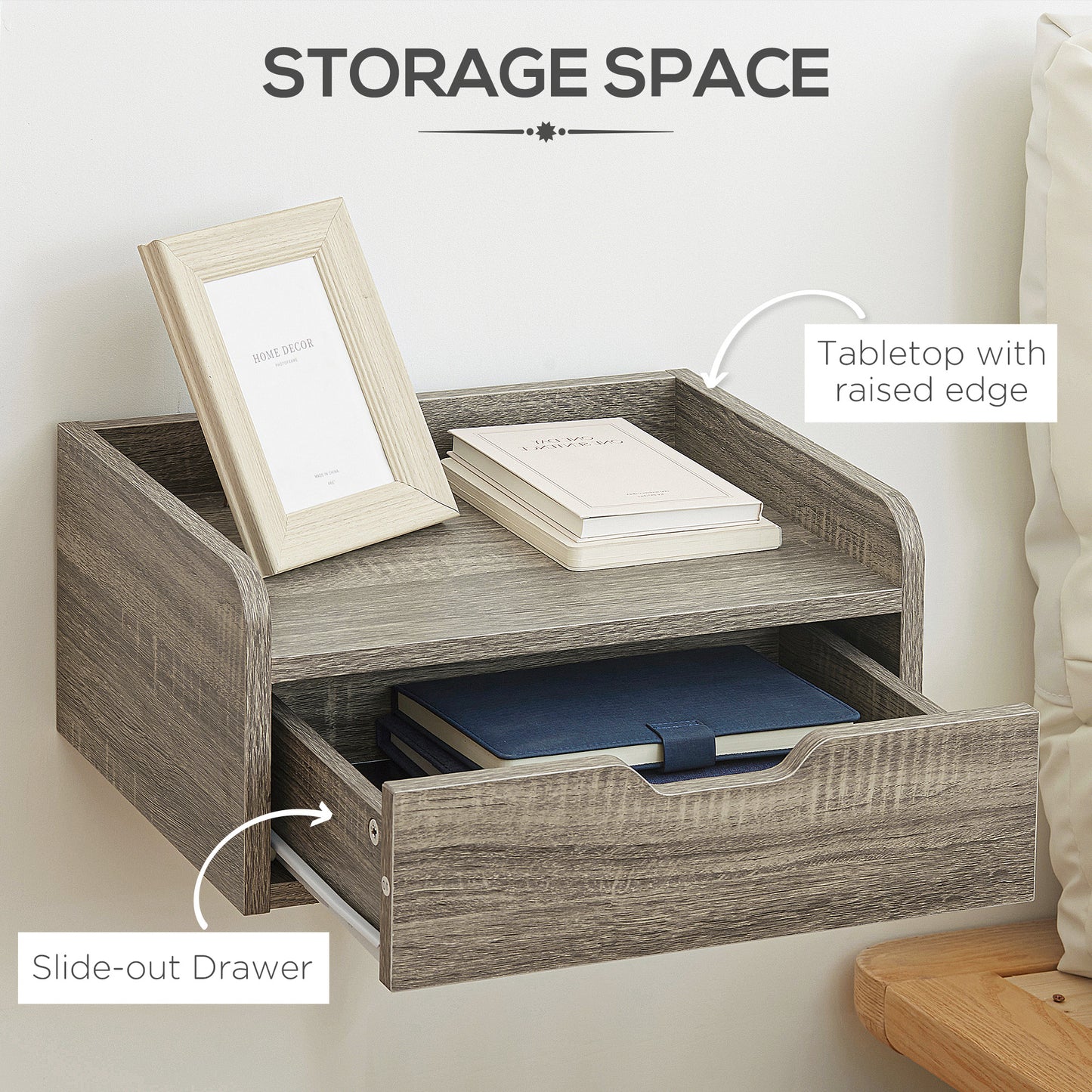 Floating Nightstand Set of 2 Wall Mounted Bedside Table with Storage Drawer for Bedroom, Grey