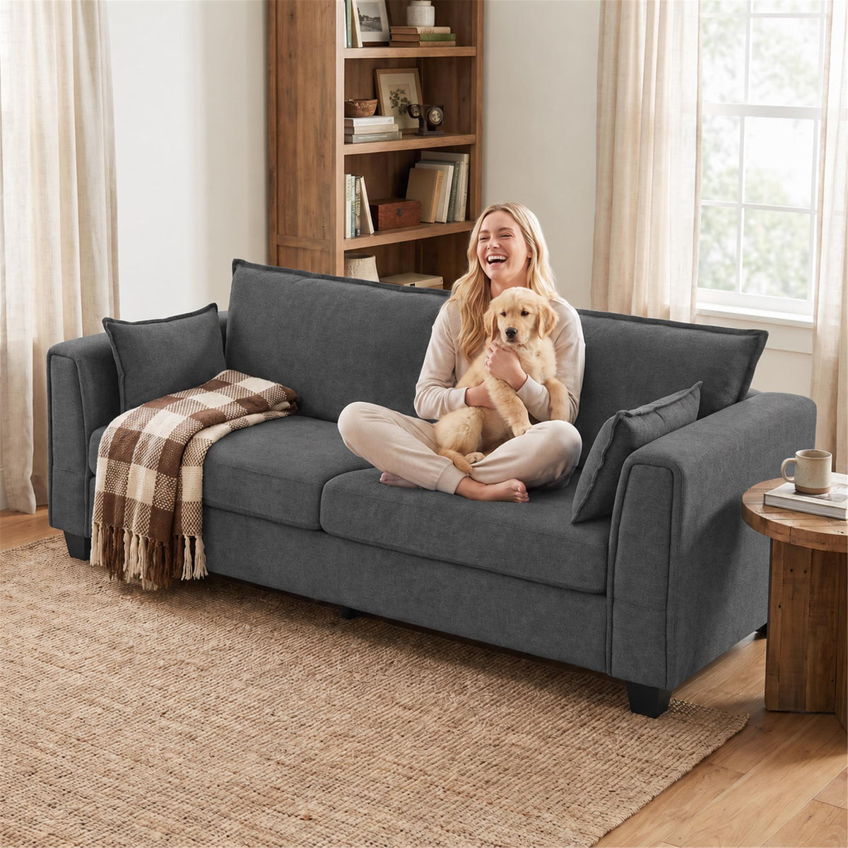 3 Seater Sofa | 200cm Linen-Look Polyester Couch | Pocket-Spring Seats, Padded Arms & 2 Cushions | Dark Grey or Dark Blue