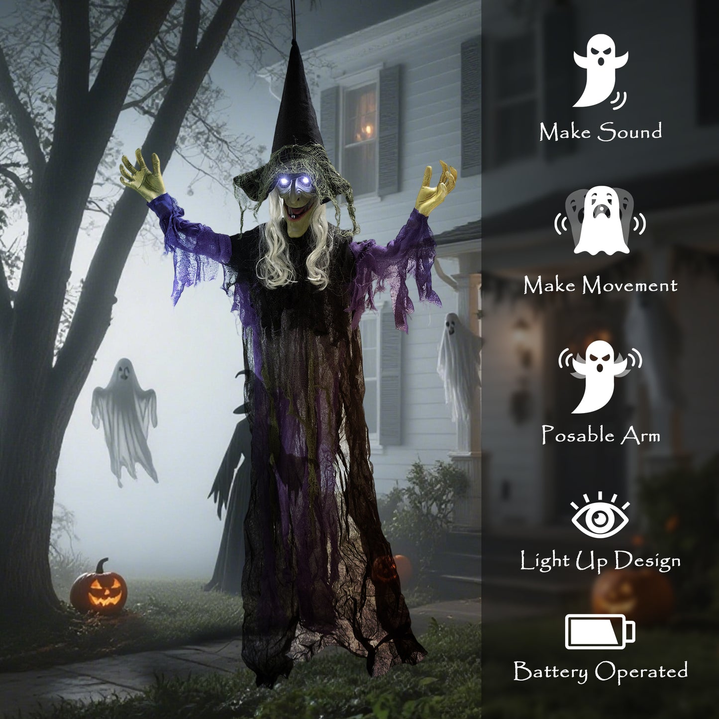 183 cm Life Size Halloween Animated Hanging Witch with Glowing LED Eyes, Spooky Witch Scary Halloween Decorations, Battery Operated, Indoor Party Props