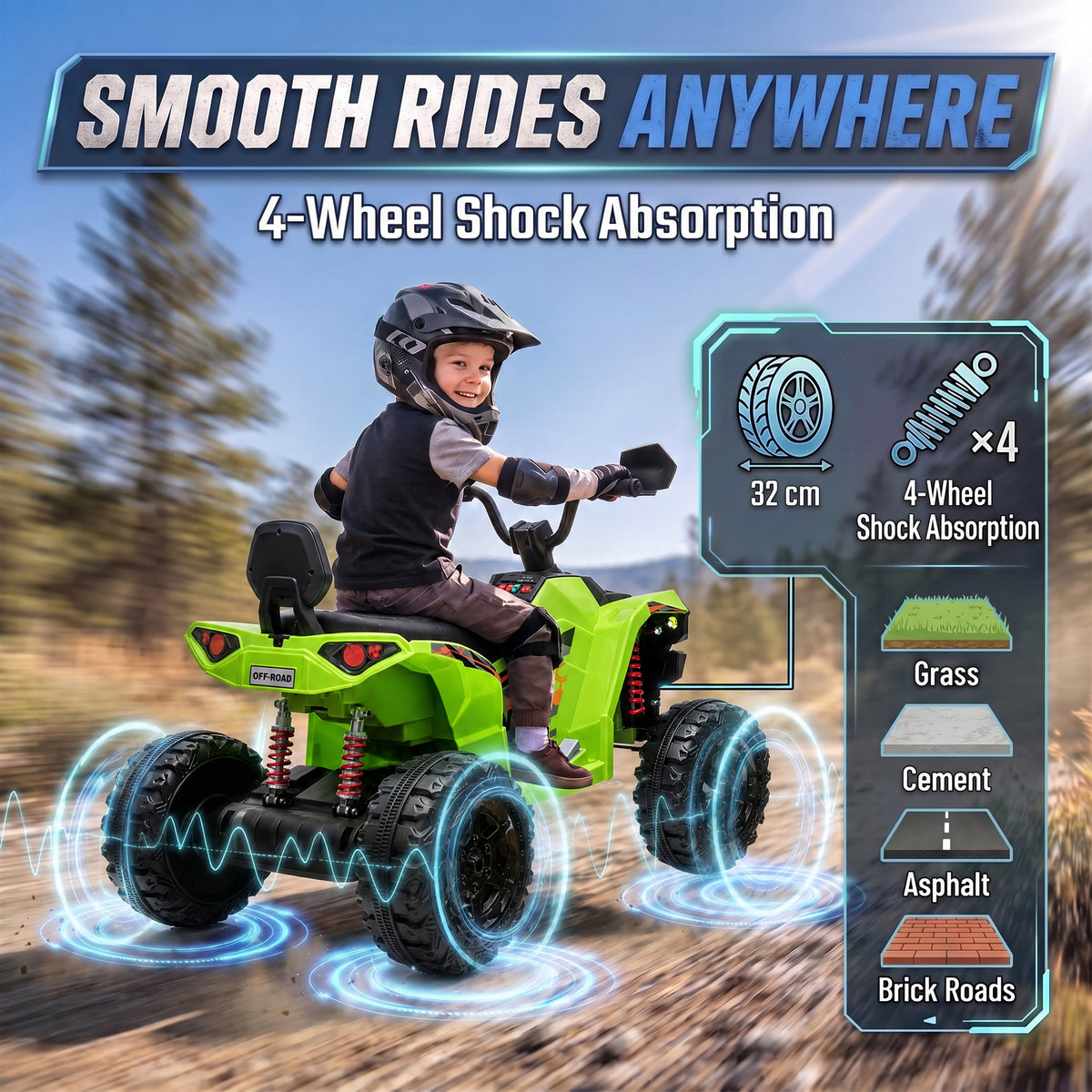 24V 2-Seater Electric Ride-On ATV Quad Bike | 4-6 km/h Forward & Reverse | 70-Minute Battery | 50 kg Capacity | Ages 3-8 | Green, Pink or Black