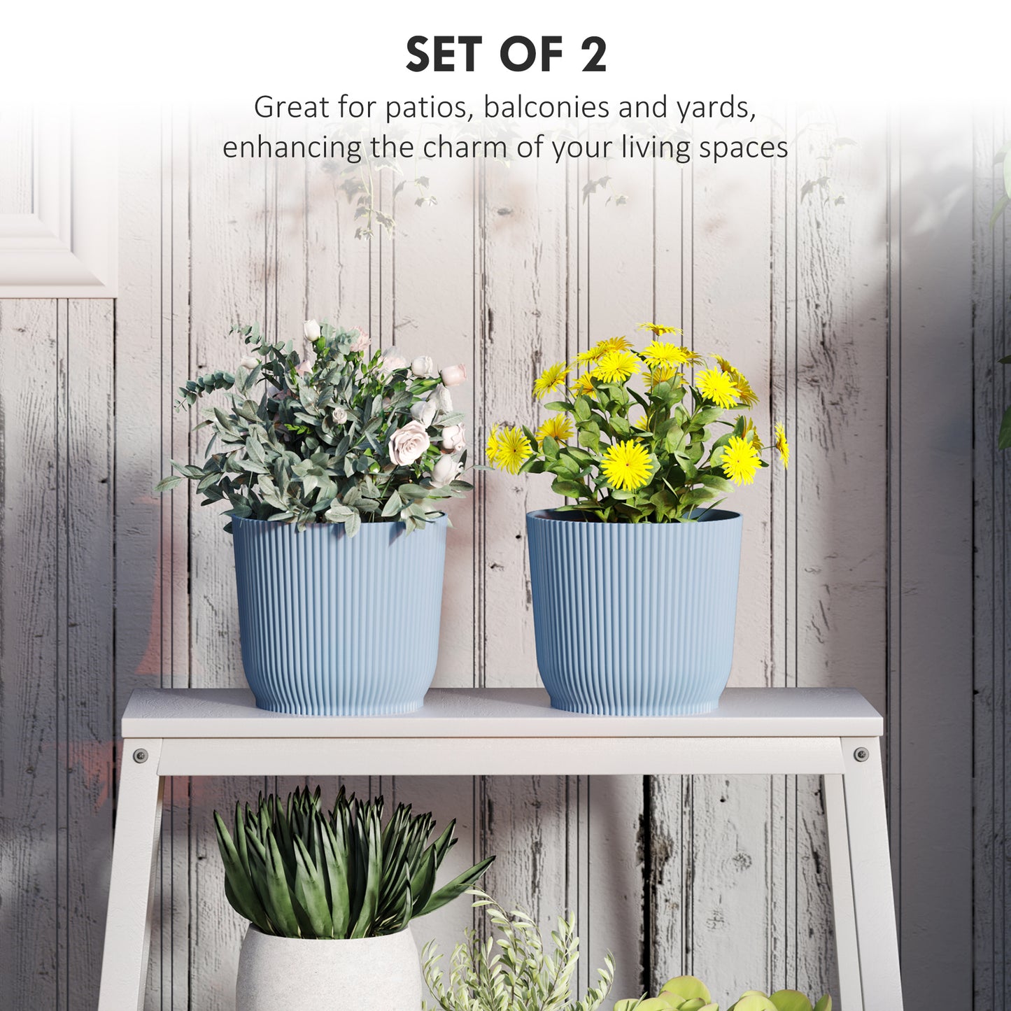 Outsunny Set of Two Ф22cm Planters - Blue / White