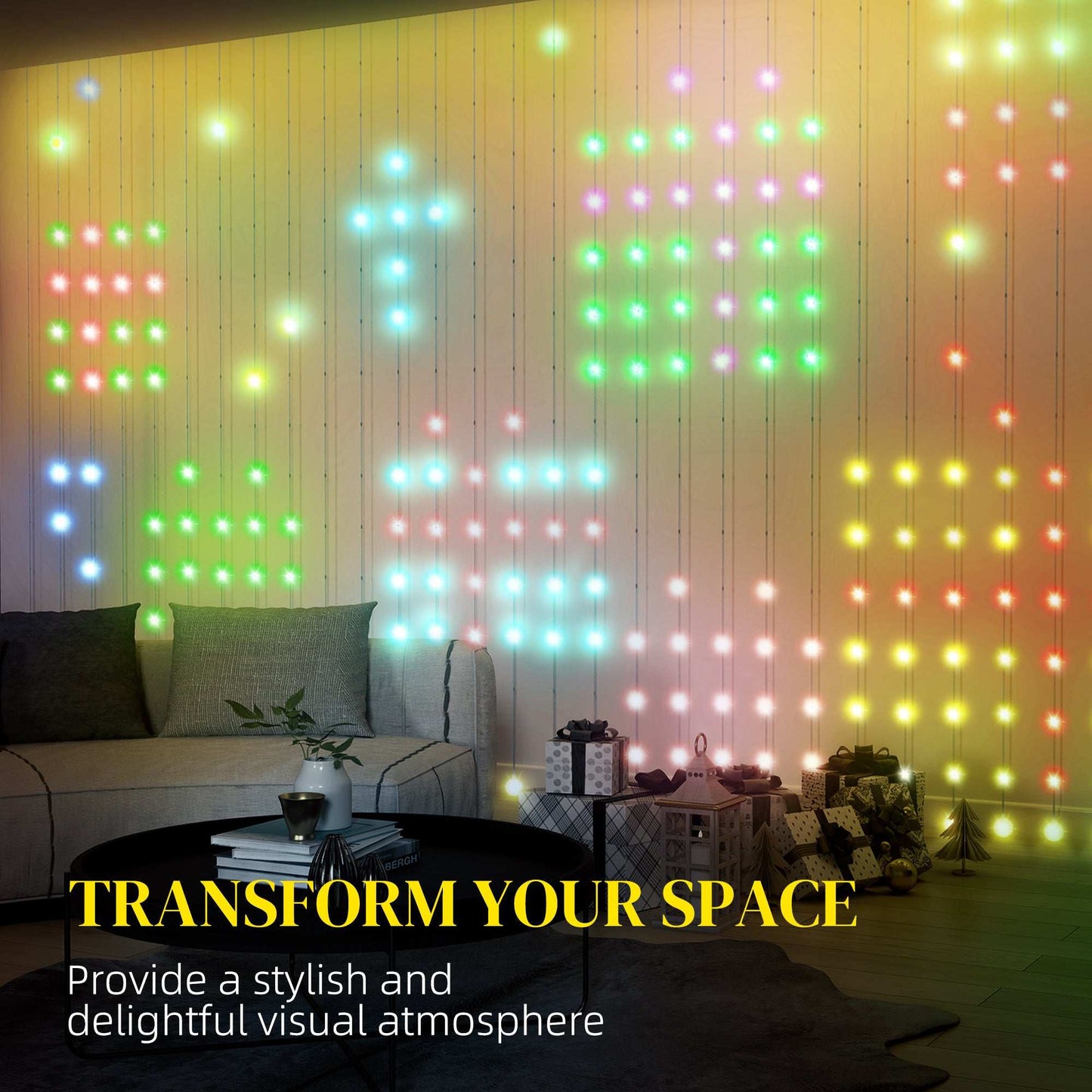 LED Curtain Lights, Smart Curtain lights Plug In, Colour Changing Wall Lights with Remote,Hanging Window String Lights for Bedroom, 3x3(m),400 LED