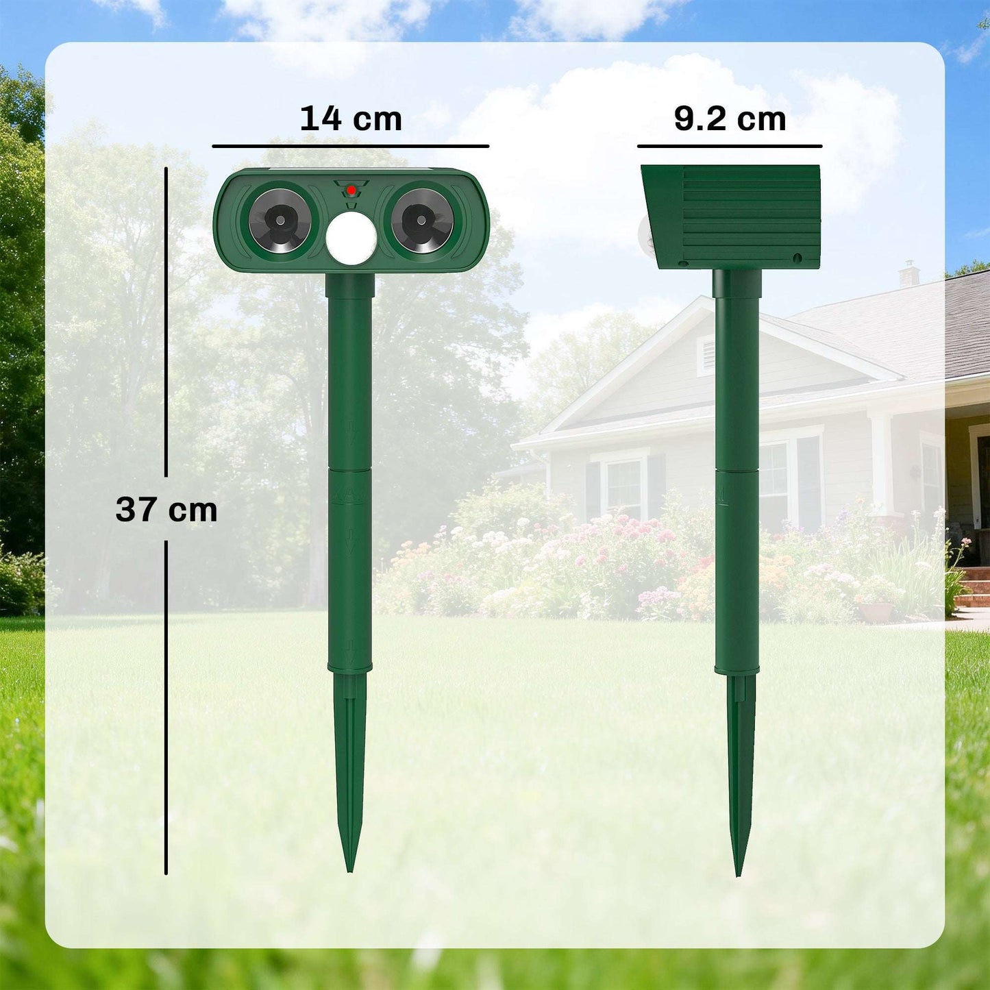 Solar Ultrasonic Animal Repeller | 110° PIR Motion Sensor | 6-8m Range | LED Flash | Ground Stake | IPX4 Weatherproof | Humane Cat Dog Rat Deterrent | 14x9.2x37cm | Green