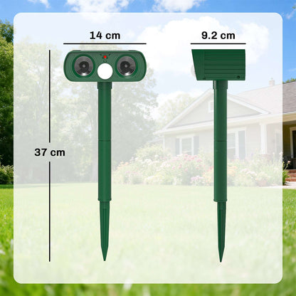 Solar Ultrasonic Animal Repeller | 110° PIR Motion Sensor | 6-8m Range | LED Flash | Ground Stake | IPX4 Weatherproof | Humane Cat Dog Rat Deterrent | 14x9.2x37cm | Green
