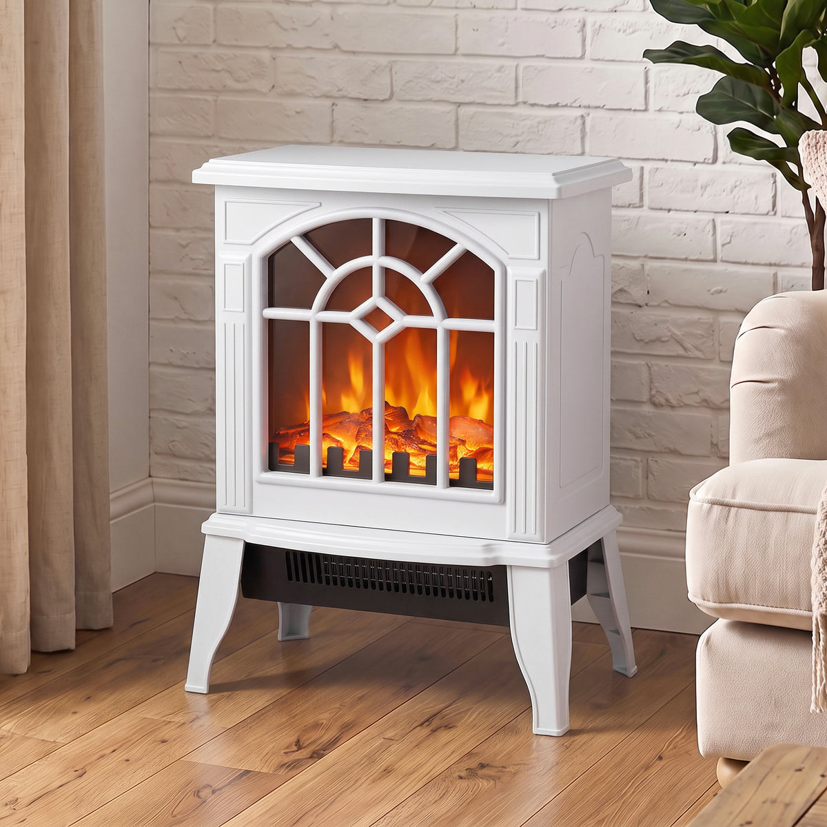 Electric Fireplace Stove | White Freestanding 2000W Heater with 3D LED Flame Effect