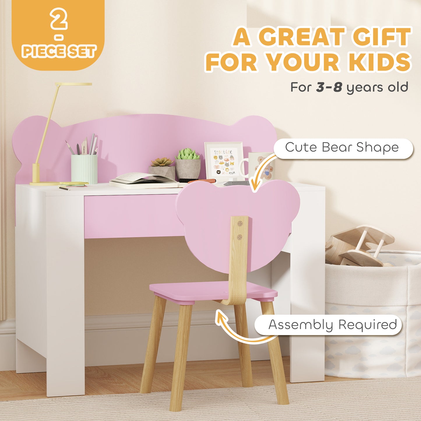 Kids Desk & Chair Set with Drawer – Bear Theme, Easy-Clean Surface, 80cm Desk, For Drawing, Reading & Crafts, Ages 3–8 – Pink