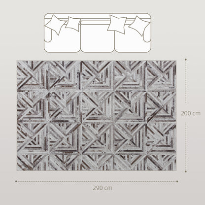 Modern Chenille Area Rug | Faux Leather Patchwork Print | Machine Washable | Non-Slip | Foldable | 290x200cm | Brown | Living Room Bedroom Dining Room Home Office