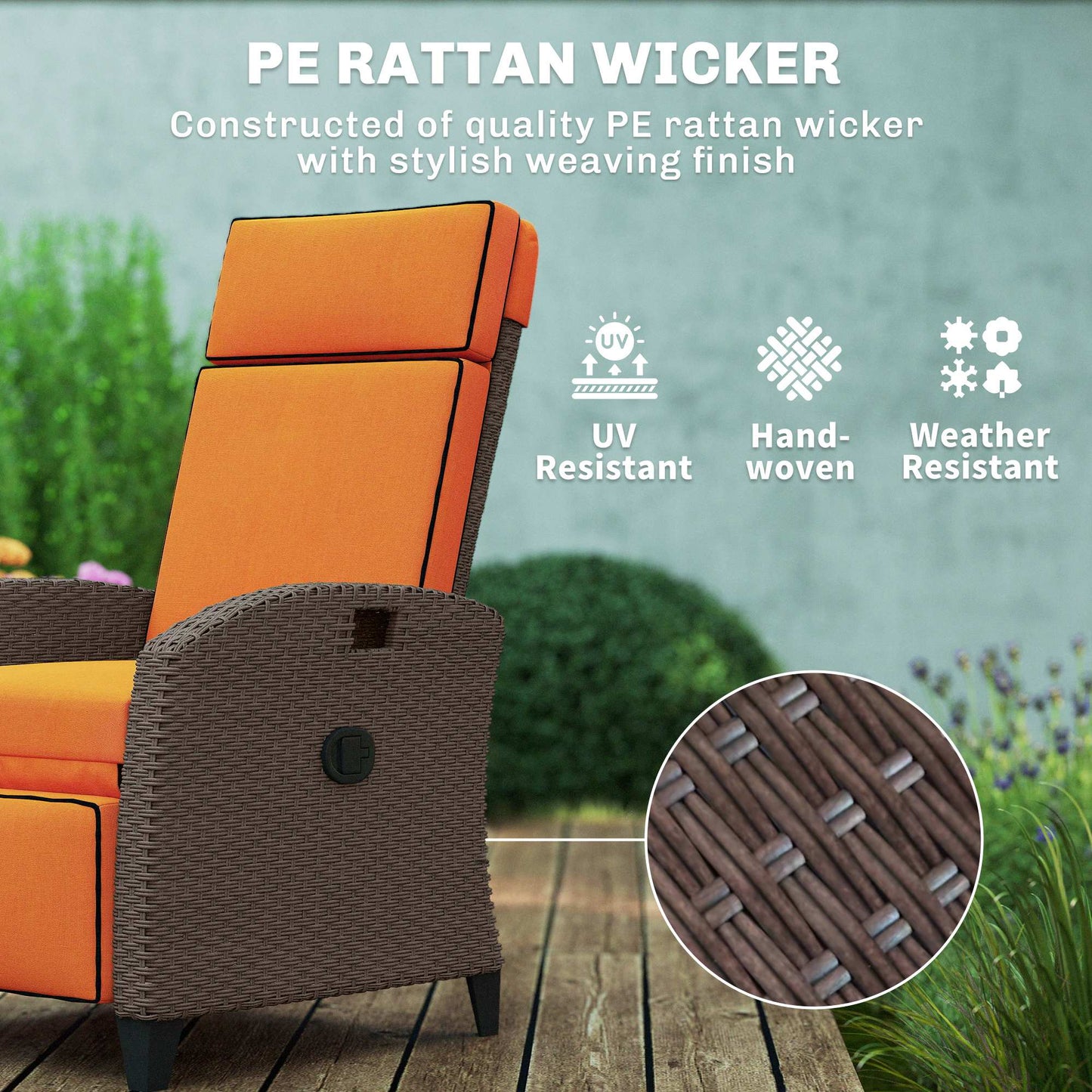 Rattan Outdoor Recliner Chair | 140° Adjustable Back | Lift-Up Footrest | Flip-Up Side Tray | Full Cushion Seat Back Headrest & Footrest | Powder-Coated Steel | 160kg | 65x78x102cm | Orange
