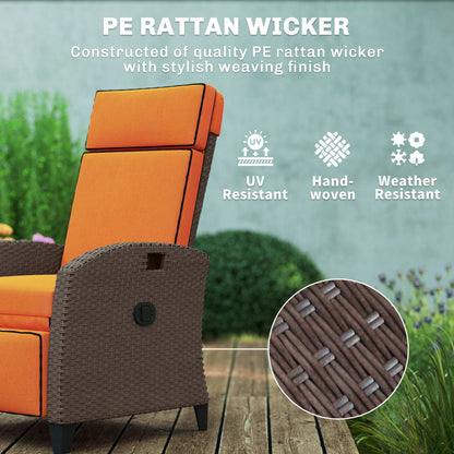Rattan Outdoor Recliner Chair | 140° Adjustable Back | Lift-Up Footrest | Flip-Up Side Tray | Full Cushion Seat Back Headrest & Footrest | Powder-Coated Steel | 160kg | 65x78x102cm | Orange