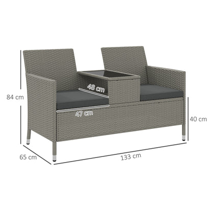 Outsunny 2-Seater PE Rattan Outdoor Garden Bench w/ Centre Table Grey