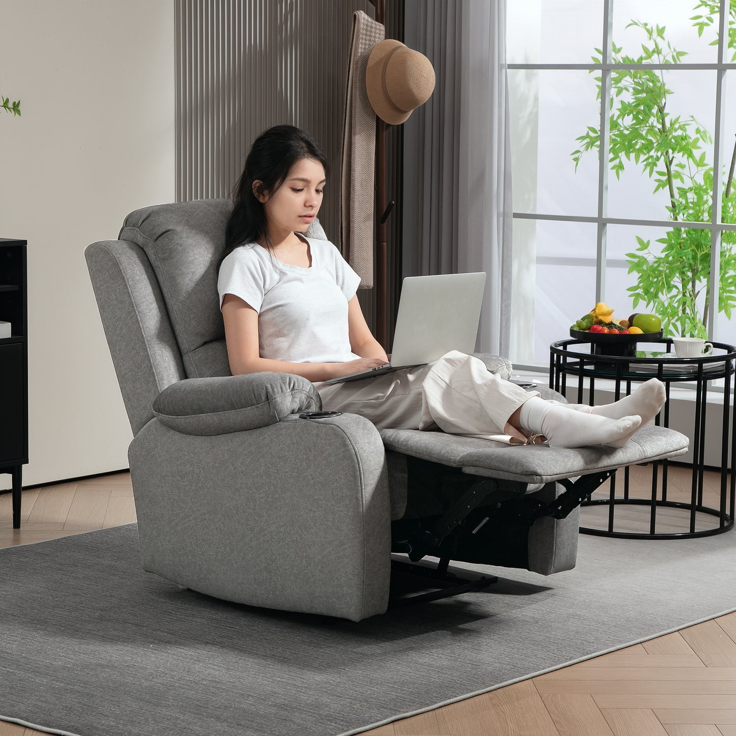 Microfibre Manual Reclining Armchair, with Footrest - Grey