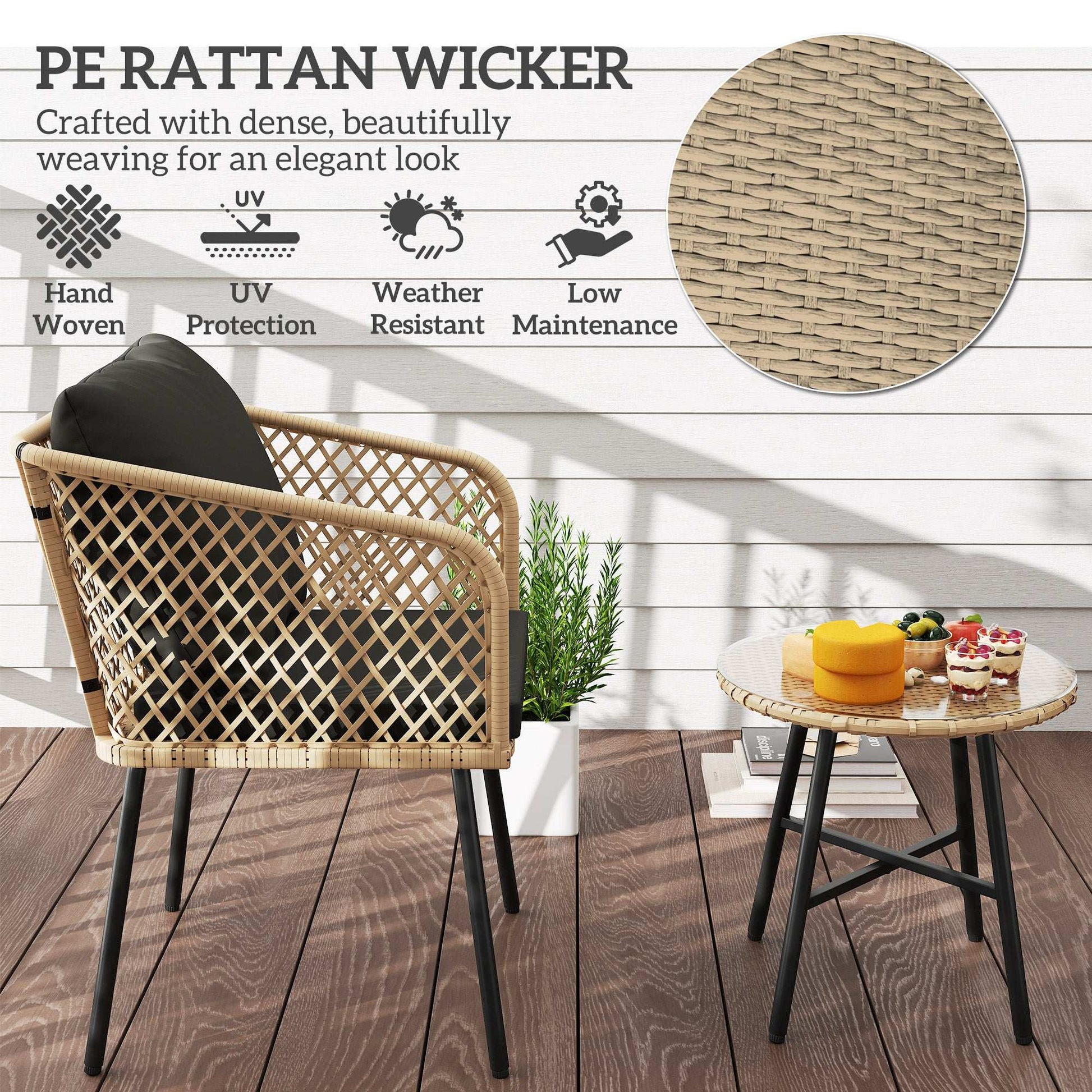Outsunny 3 Piece Rattan Bistro Set with 2 Chairs, Tempered Glass Table, Cushions, Adjustable Foot Pads, Nature Wood Finish