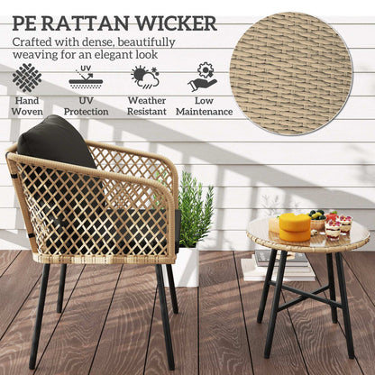 Outsunny 3 Piece Rattan Bistro Set with 2 Chairs, Tempered Glass Table, Cushions, Adjustable Foot Pads, Nature Wood Finish