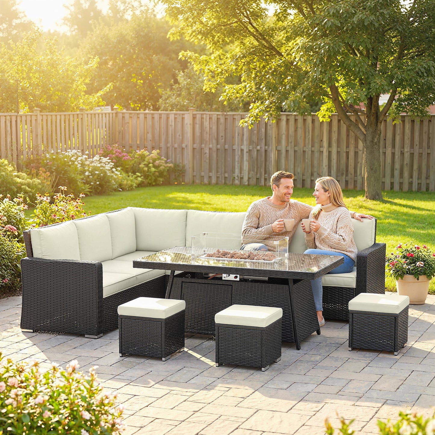 7 Piece Rattan Garden Sofa Set with 50,000 BTU Gas Fire Pit Table | 2 Corner Loveseats | Loveseat | 3 Footstools | Glass Wind Guard | Padded Cushions | Washable Covers | Cream