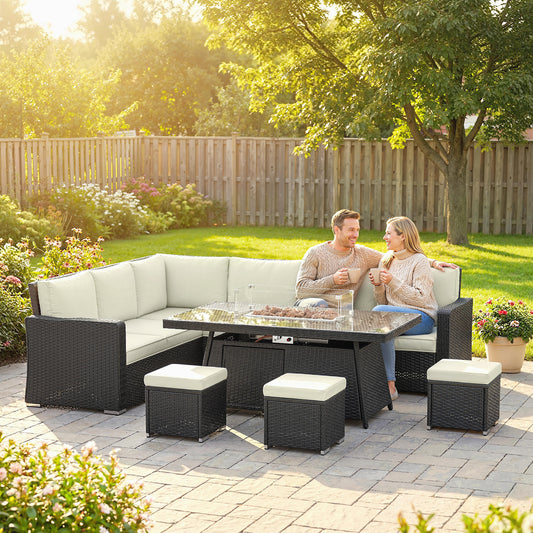 7 Piece Rattan Garden Sofa Set with 50,000 BTU Gas Fire Pit Table | 2 Corner Loveseats | Loveseat | 3 Footstools | Glass Wind Guard | Padded Cushions | Washable Covers | Cream
