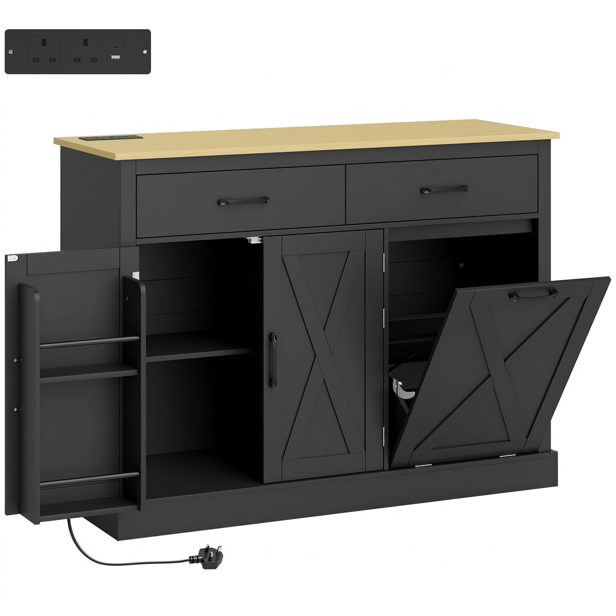 Tilt Out Trash Cabinet with Built-In Charging Station & Kitchen Island Storage | 57L Hidden Bin | 2 Drawers 2-Tier Cabinet 4 Door Racks | AC USB USB-C Ports | Farmhouse Style | White or Black | 112x40x83.5cm | Anti-Tip | Assembly Required