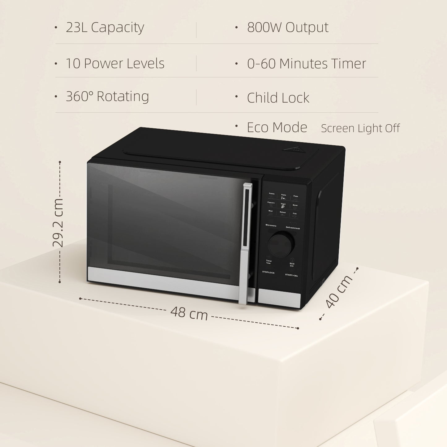 23L 800W Microwave Oven, Digital Solo with 10 Power Levels, Automatic Defrost, 8 Auto Cook Menus, 60 Minutes Timer, Eco Mode - Black