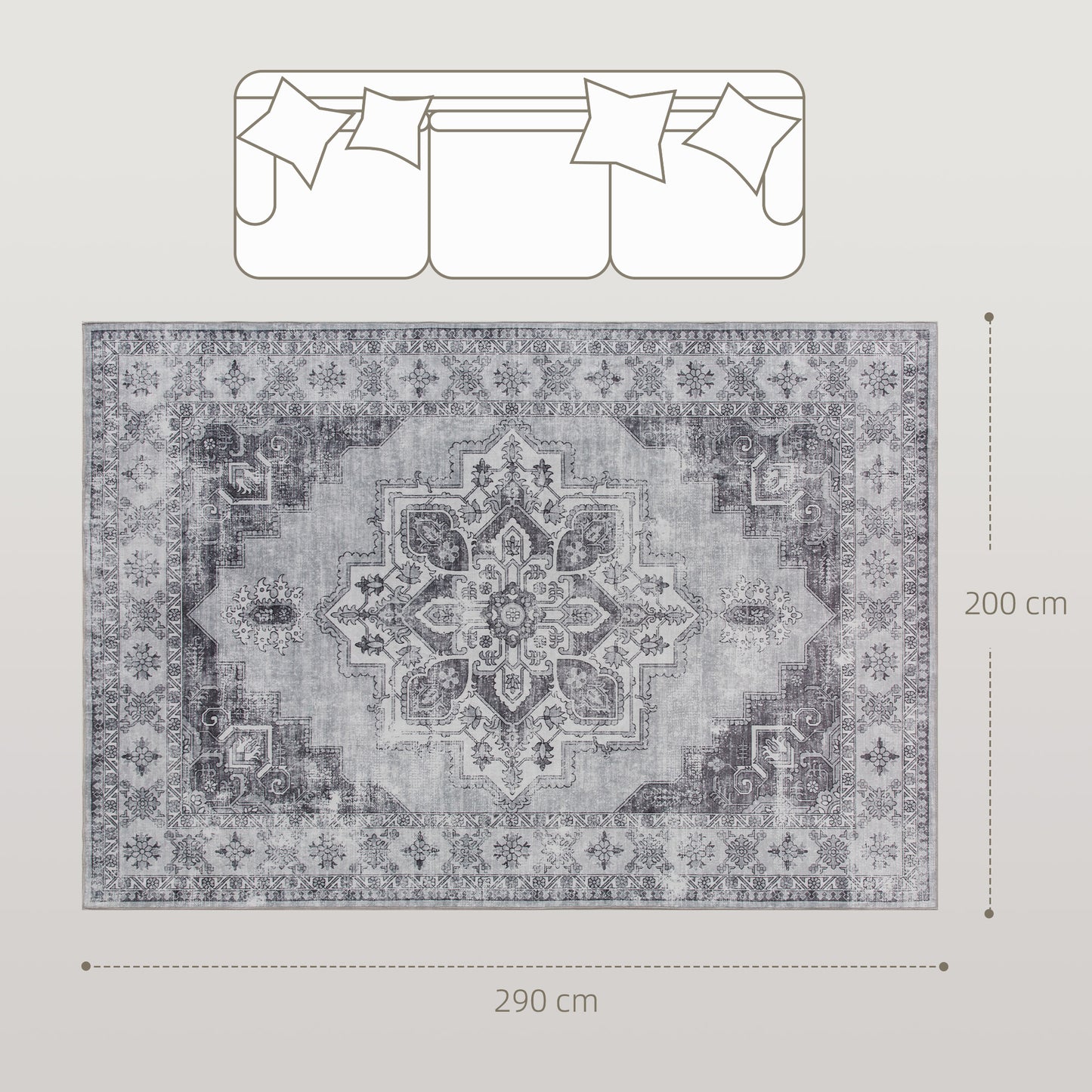 Vintage Floral Area Rug | Machine Washable | Soft Flannel 100% Polyester | TPR Non-Slip Backing | Foldable | 290x200cm | Grey | Living Room Bedroom Dining Room Home Office