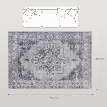 Vintage Floral Area Rug | Machine Washable | Soft Flannel 100% Polyester | TPR Non-Slip Backing | Foldable | 290x200cm | Grey | Living Room Bedroom Dining Room Home Office
