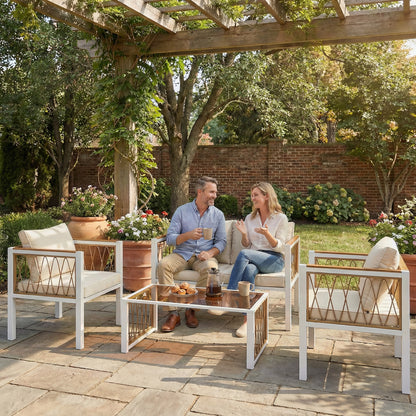 4-Piece PE Rattan Garden Sofa Set | Loveseat | 2 Armchairs | Tempered Glass Coffee Table | Galvanised Metal Frame | Wood-Effect WPC Slats | 8cm Seat & 12cm Back Cushions | Non-Slip Mats | Washable Covers | 120kg Per Seat | Cream White