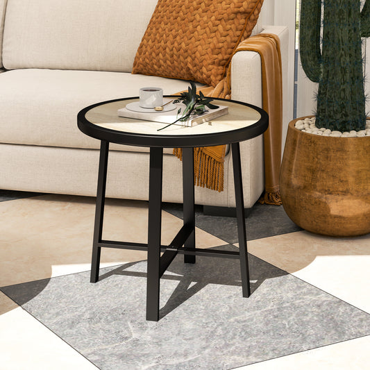 Round Garden Bistro Side Table | Dia 50.5x46cm | Waterproof SPC Top | Wood Grain Effect | Powder Coated Metal Frame | Anti-Slip Feet | 30kg | Natural Wood Finish