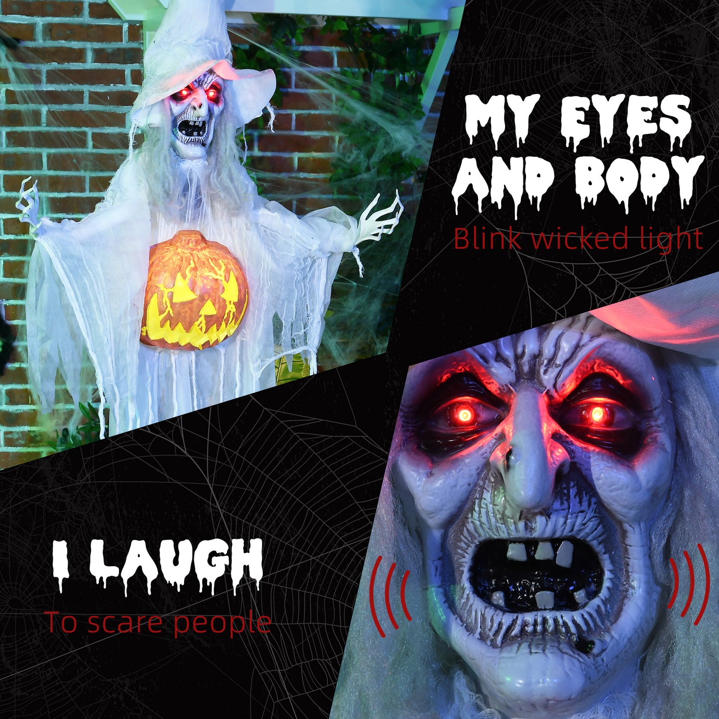 6ft Outdoor Halloween Decoration Witch with Pumpkin, Standing Skeleton Witch Prop Life Size with Sound and Motion Activated, Light Up Eyes, Laughing Sound, Posable Arms, White