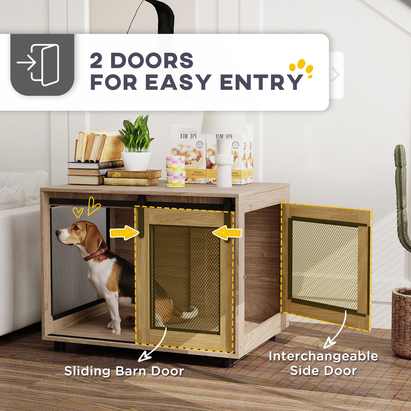 Dog Crate Furniture Side Table | Barn Door & Side Door | 3-Sided Ventilation | Medium Dogs up to 20kg | 80 x 58.5 x 63cm | Walnut Brown