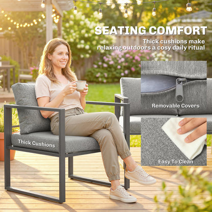 4-Piece Garden Sofa Set | 3-Seater Sofa | 2 Armchairs | Tempered Glass Coffee Table | Powder-Coated Aluminium Frame | 8cm Seat & 12cm Back Cushions | Anti-Slip Straps | Washable Zip Covers | 360kg Sofa Capacity | Dark Grey