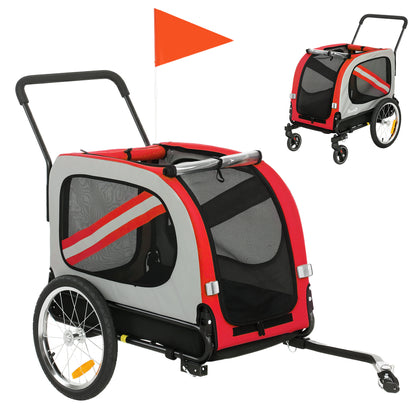 2-in-1 Dog Bike Trailer & Stroller | Mesh Windows | Plastic Curtain | Safety Harness, Flag & Reflectors | Foldable Quick-Release Wheels | Dogs up to 20kg | Red