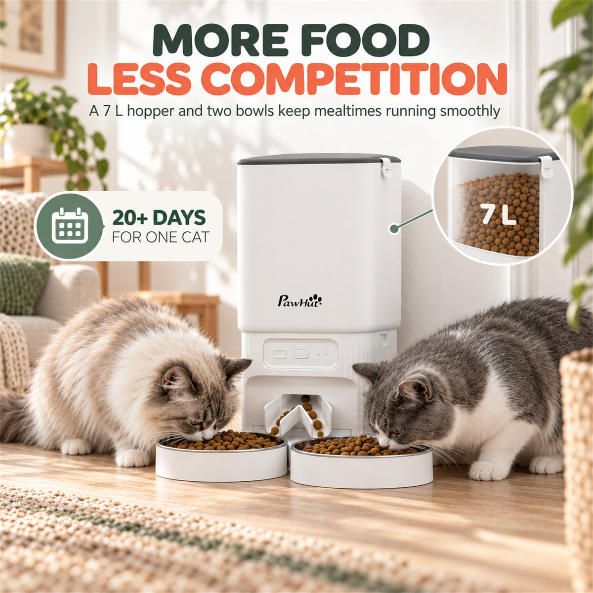 PawHut 7L Automatic Cat & Small Dog Feeder | Tuya App, 2.4GHz & 5GHz Wi-Fi | Dual Bowls, 15 Meals a Day & Battery Backup | White