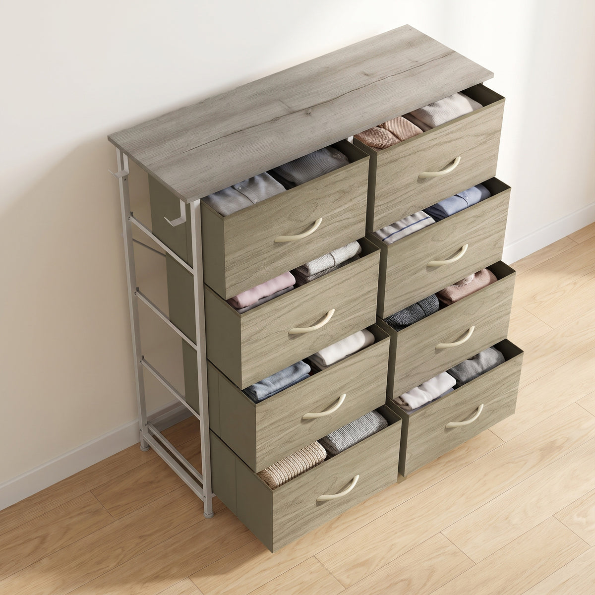 Chest of 8 Fabric Drawers | Natural Wood Rustic Brown Grey | Non-Woven Fabric Steel | 80x30x94.5cm | 30kg | Side Pocket 2 Hooks | X-Bar Frame | Anti-Tip Kit | Foldable Drawers | Bedroom
