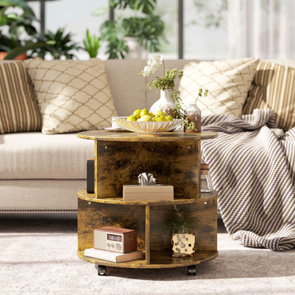 Retro Vintage Style Round Coffee Table with Wheels, 3-Tier Rolling Side Table for Living Room with Divided Shelves, Rustic Brown
