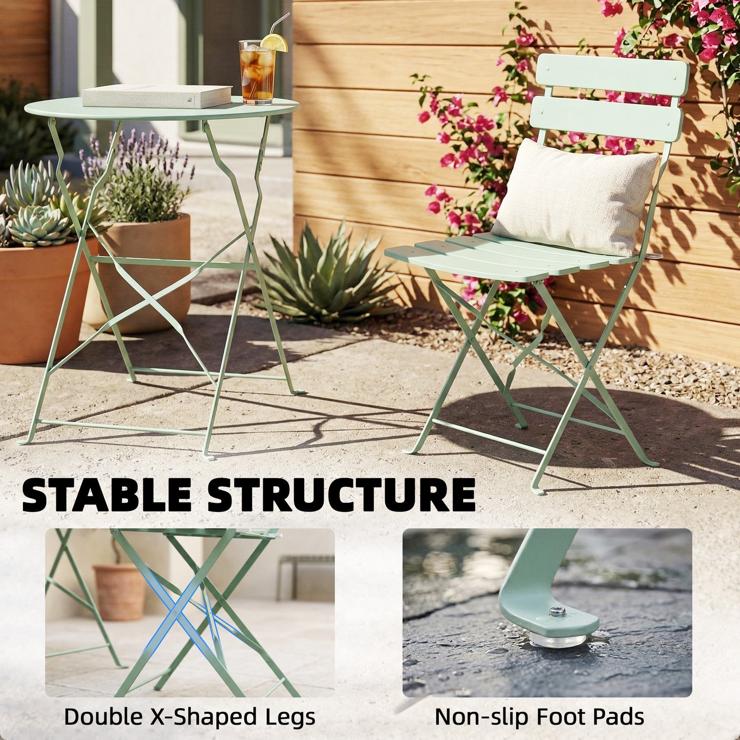 3 Piece Folding Garden Bistro Set | Round Table & 2 Chairs | Electrophoresis Powder Coated | Slatted Seat | No Assembly | 120kg | Light Green