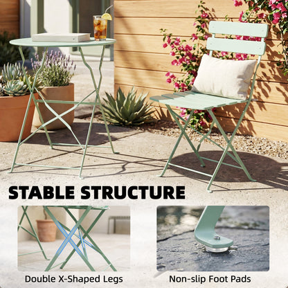 3 Piece Folding Garden Bistro Set | Round Table & 2 Chairs | Electrophoresis Powder Coated | Slatted Seat | No Assembly | 120kg | Light Green