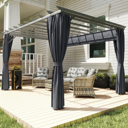 3.6x3m Aluminium Pergola | Retractable Sliding Canopy | Zip Curtains | 7.6cm Columns | Ground Stakes | Dark Grey