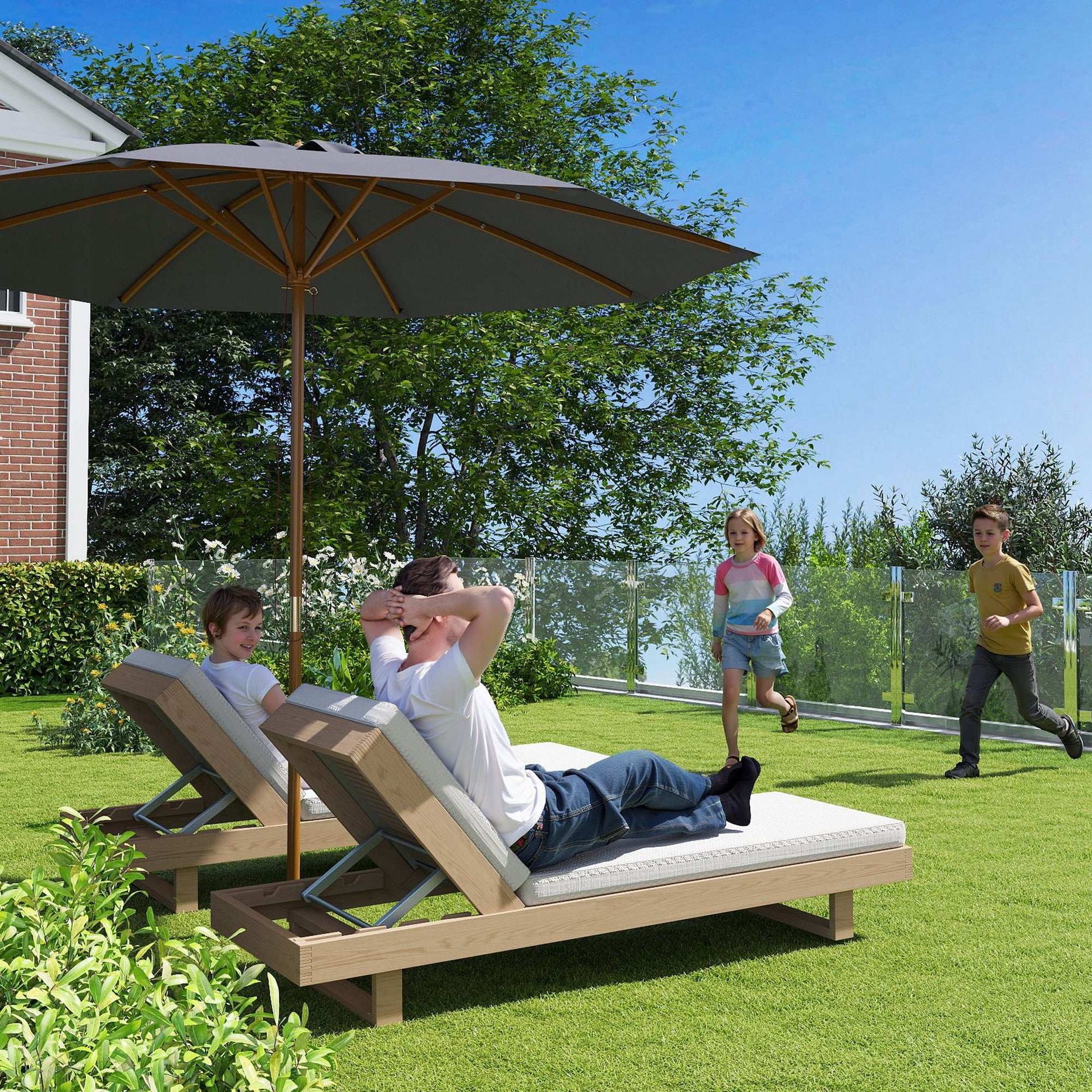 Outsunny 3(m) Wooden Patio Parasol Umbrella - Dark Grey