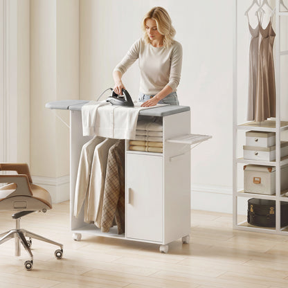 Rolling Ironing Board Cabinet | Folding Top, Clothes Rail & Adjustable Storage Shelf | Iron Holder, 4 Wheels & 2 Brakes | White/Grey