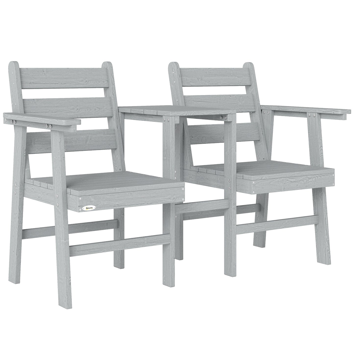 Wooden Jack & Jill Garden Loveseat | Integrated Centre Table | Embossed Fir Wood | Angled Backrest | Slatted | 300kg | 149x67x94cm | Grey