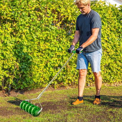 Rolling Lawn Aerator, Manual Grass Spike Roller, Heavy Duty Garden Aerator with 3 Piece Detachable Handle and T-bar Grip, Outdoor Garden Lawn Tool